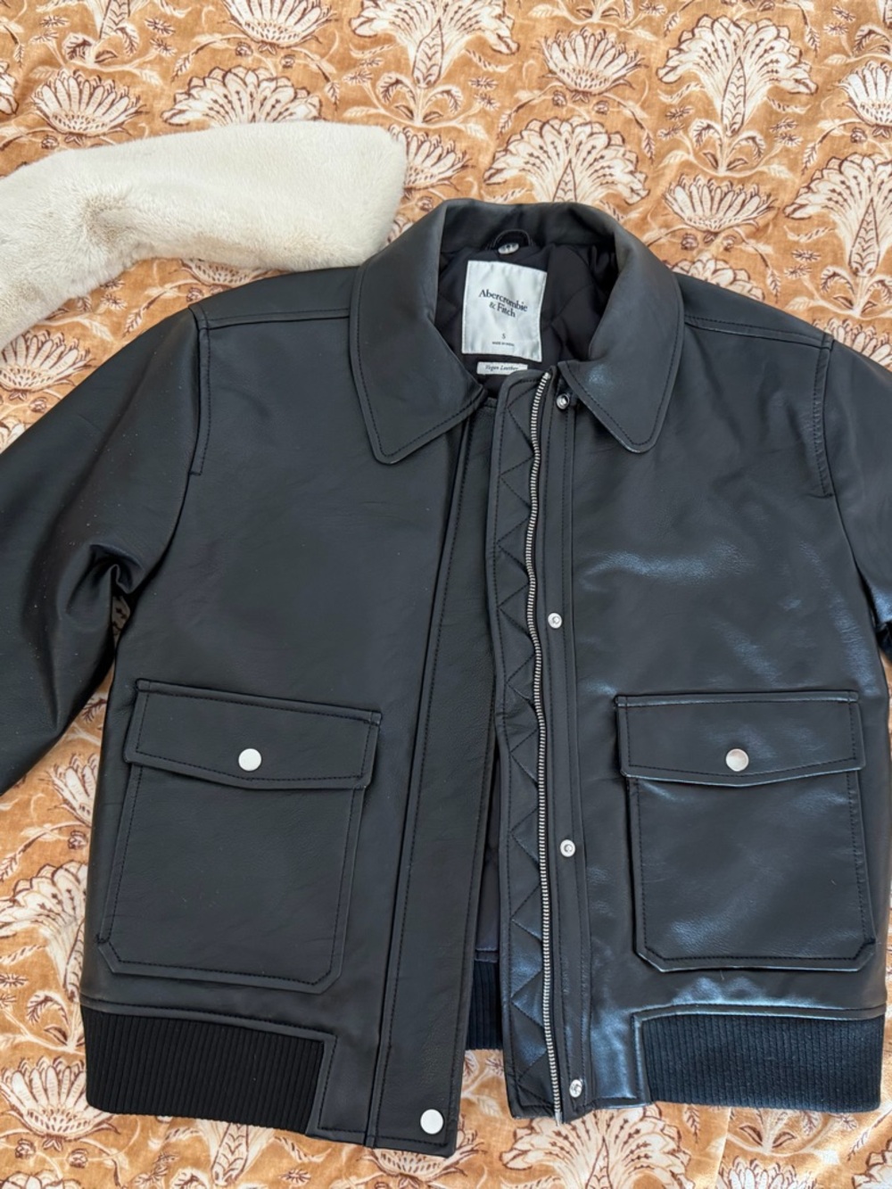 Abercrombie & Fitch Black Leather Bomber Jacket with Snap Pockets